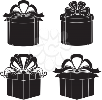 Set of gift boxes square and round forms with bows, black silhouettes isolated on white. Vector