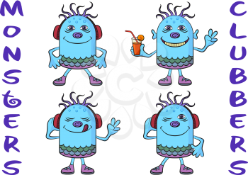 Set of Cute Cartoon Monsters Clubbers, Colorful Characters in Headphones, Listening Music, Smiling and Dancing, Elements for Your Holiday Party Design, Prints and Banners, Isolated on White.