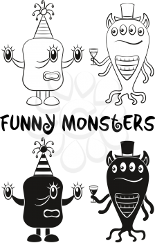 Set of Cute Different Cartoon Monsters with a Drink, Characters in Holiday Caps, Elements for your Design, Prints and Banners, Black Contour and Silhouette. Vector