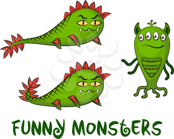 Set of Cute Different Cartoon Monsters, Green Characters, Elements for your Design, Prints and Banners, Isolated on White Background. Vector