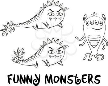 Set of Cute Different Cartoon Characters, Monsters, Elements for your Design, Prints and Banners, Black Contour Isolated on White Background. Vector