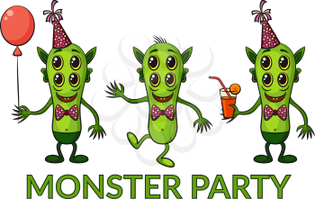 Set of Cute Green Cartoon Monsters, Colorful Toy Characters in Holiday Caps with Balloon and Juice, Smiling and Dancing, Elements for your Party Design, Prints and Banners, Isolated on White. Vector