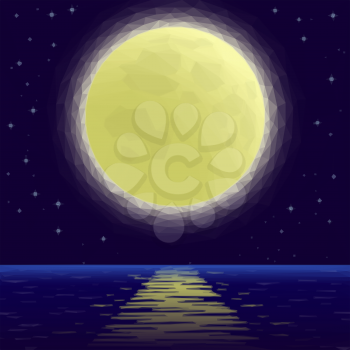 Landscape Background, Night Sea and Dark Blue Sky with Stars and Big Bright Moon. Low Poly Illustration. Vector