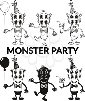 Set of Cartoon Toy Monsters, Black Contour and Silhouette Characters in Holiday Caps with Balloon and Juice, Smiling and Dancing, Elements for your Party Design and Prints, Isolated on White. Vector