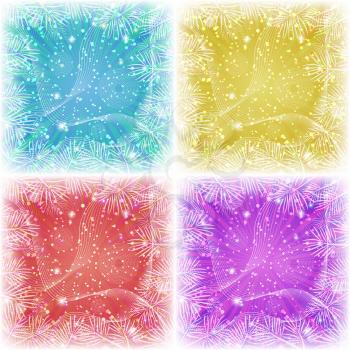 Set of Christmas Backgrounds for Holiday Design with Stars, Pine Branches, Confetti and Rays, Blue, Yellow, Red and Violet. Eps10, Contains Transparencies. Vector
