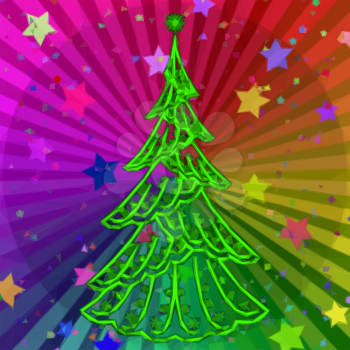 Christmas Green Fir Tree, Holiday Contour Symbol on Abstract Rainbow Background, Low Poly Pattern. Vector