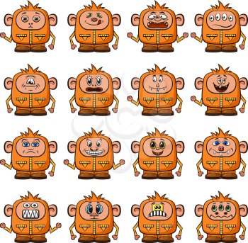 Set of Funny Colorful Cartoon Characters, Cute Monsters in Overalls with Different Faces and Emotions, Elements for your Design, Prints and Banners, Isolated on White Background. Vector