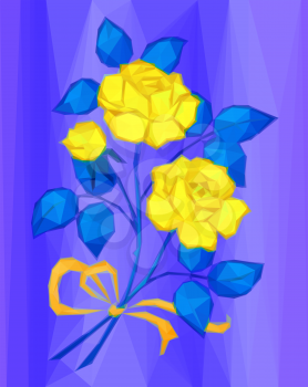 Holiday Background, Yellow Flowers Bouquet with Blue Leaves and Orange Bow, Love Symbol, Low Poly Illustration. Vector