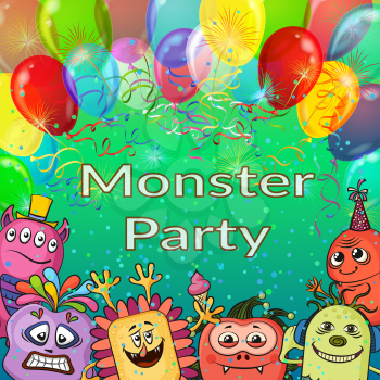 Background for Your Holiday Party Design with Different Cartoon Monsters, Colorful Illustration with Cute Funny Characters, Balloons and Bright Fireworks. Eps10, Contains Transparencies. Vector