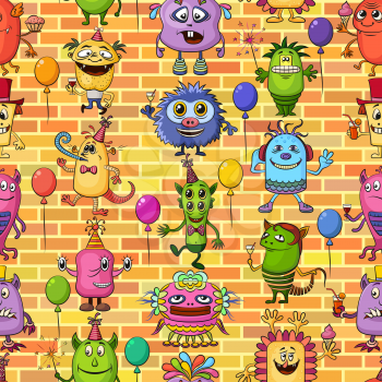 Seamless Background for Your Holiday Party Design with Different Cartoon Monsters on Brick Wall, Colorful Tile Pattern with Cute Funny Characters, Feasting and Dancing. Vector