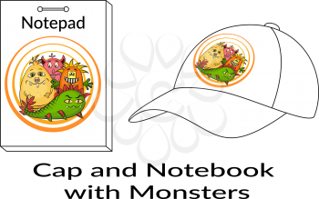 Group of Funny Colorful Cartoon Characters, Different Monsters, Elements for your Design, Prints and Banners, Presented in Sample Forms, Notebook and Cap, Isolated on White Background. Vector