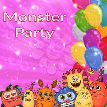 Background for Your Holiday Party Design with Different Cartoon Monsters, Colorful Illustration with Cute Funny Characters, Bright Balloons and Transparent Soap Bubble. Eps10 Vector