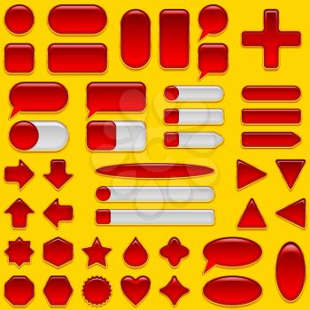 Set of glass red and white buttons and sliders, computer icons of different forms for web design on yellow background. Eps10, contains transparencies. Vector