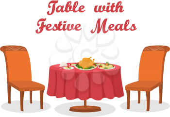 Cartoon Festive Meals on Served Table, Thanksgiving Holiday Roasted Turkey, Different Foods, Napkins, Plates, Two Chairs, Isolated on White Background. Eps10, Contains Transparencies. Vector