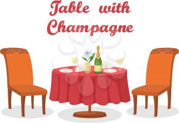 Cartoon Festive Served Holiday Table with Bottle of Champagne Wine, Flower, Napkins, Glasses, Plates, Two Chairs, Isolated on White Background. Eps10, Contains Transparencies. Vector