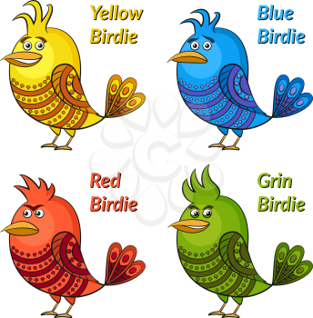 Set of Funny Colorful Birds of Different Colors and Moods, Blue Sad, Red Angry, Yellow Cheerful and Green Insidious, Cute Patterned Cartoon Character, Isolated on White Background. Vector