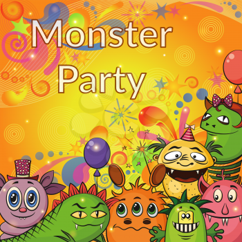 Background for Your Holiday Party Design with Different Cartoon Monsters, Colorful Illustration with Cute Funny Characters. Eps10, Contains Transparencies. Vector