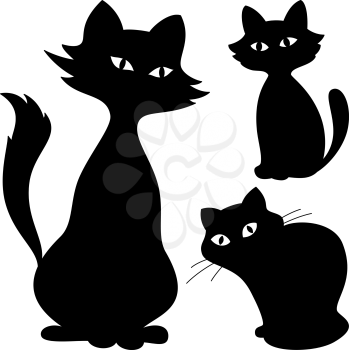 Cartoon Cats with White Eyes, Black Silhouettes Isolated on White Background. Vector