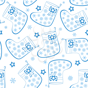 Christmas Stockings for Gifts Decorated with Blue Snowflakes, Seamless Background, Symbol Pictograms. Vector
