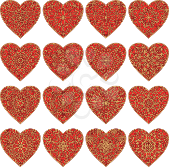 Set of valentine hearts with abstract patterns of red and gold colors, symbols of love, elements for web design. Vector