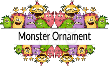 Ornament Background for Your Holiday Party Design with Different Cartoon Monsters, Colorful Illustration with Cute Funny Characters and Place for Your Text. Vector