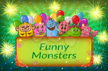 Background for Your Holiday Party Design with Different Cartoon Monsters, Colorful Illustration with Cute Funny Characters and Bright Fireworks. Eps10, Contains Transparencies. Vector