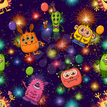 Seamless Background for Your Holiday Party Design, Different Cartoon Monsters, Colorful Tile Pattern with Cute Funny Characters and Bright Fireworks. Vector