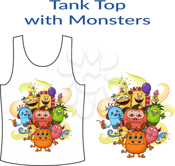 Group of Funny Colorful Cartoon Characters, Different Monsters, Elements for your Design, Prints and Banners, Presented in Sample Form, Tank Top, Isolated on White Background. Vector