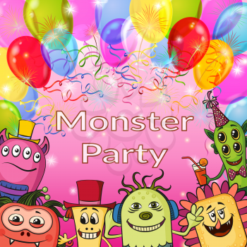 Background for Your Holiday Party Design with Different Cartoon Monsters, Colorful Illustration with Cute Funny Characters, Balloons and Bright Fireworks. Eps10, Contains Transparencies. Vector