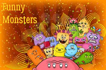 Background for Your Holiday Party Design with Different Cartoon Monsters, Colorful Illustration with Cute Funny Characters, Patterns and Confetti. Eps10, Contains Transparencies. Vector