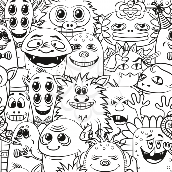 Seamless Background for your Design with Different Cartoon Contour Monsters, Black and White Tile Pattern with Cute Funny Characters. Vector