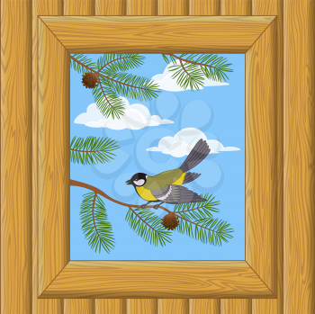 Background with Wooden Wall and Window with View of Blue Sky, Clouds, Pine Branches and Bird Titmouse. Vector