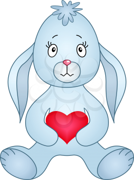 Cartoon Rabbit with Red Valentine Holiday Heart, a Symbol of Love, Isolated on White Background. Vector