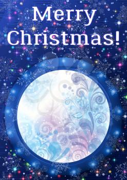 Christmas Holiday Background, Round Porthole Window on Blue Wall with Winter Abstract Floral Pattern, Magic Sparks, Light Snowflakes, Confetti and Place for Text. Eps10 Contains Transparencies. Vector