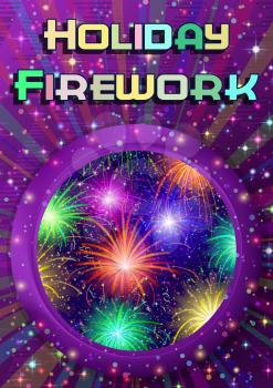 Holiday Magic Background, Round Porthole Window on Violet Wall with Colorful Fireworks, Light Sparks, Streamers, Confetti and Place for Text. Eps10, Contains Transparencies. Vector