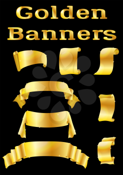 Set of Shiny Golden Banners, Ribbons and Scrolls for Your Holiday Design on Black Background. Eps10, Contains Transparencies. Vector