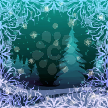 Christmas Low Poly Background for Holiday Design, Winter Snowy Forest with Fir Tree, Abstract Pattern Frame. Vector