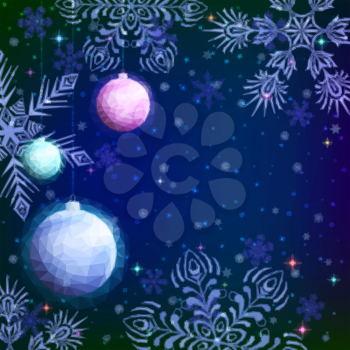 Holiday Low Poly Christmas Background, Colorful Glass Balls Decoration and Snowflakes on Blue Sky, Illustration for Web Design. Vector