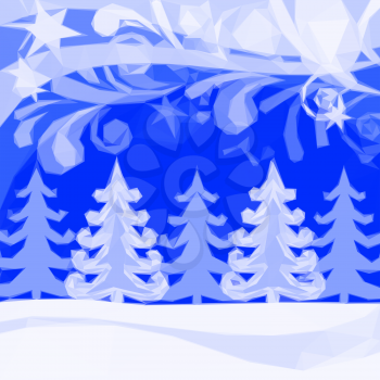 Christmas Landscape, Winter Snowy Forest and Abstract Patterns, Low Poly Background for Holiday Design. Vector