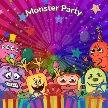 Background for Your Holiday Party Design with Different Cartoon Monsters, Colorful Illustration with Cute Funny Characters, Gift Boxes, Stars and Confetti. Vector