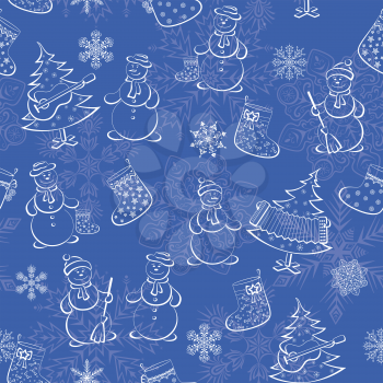 Christmas seamless background of cartoon pictograms on blue: snowflakes, snowmans, fir trees, stockings. Vector
