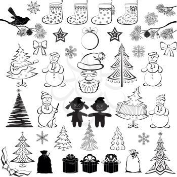 Christmas elements, set of black cartoon silhouettes on white background for holiday design. Vector