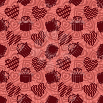 Valentine holiday seamless background with abstract pattern of silhouette hearts and gift boxes, red and brown. Vector