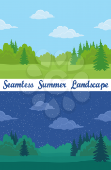 Set of Horizontal Seamless Background Landscapes, Day and Night Summer Forest with Green Grass, Fir Trees, Clouds and Blue Sky. Eps10, Contains Transparencies. Vector