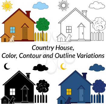 Set of Small Cartoon Country Houses with Dog Kennel and Tree in a Garden, Different Variations, Day, Night, Black and White Contour and Silhouette Isolated on White Background. Vector