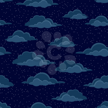 Cloudscape Seamless Background, Cumulus Clouds and White Stars on Dark Blue Night Sky. Vector