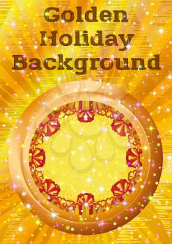 Holiday Background with Round Porthole Window on Golden Wall with Gift Color Boxes, Sparks, Confetti and Place for Text. Eps10, Contains Transparencies. Vector