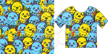 Seamless Background for Holiday Party Design with Cartoon Monsters Clubbers in Headphones, Listening Music and Smiling, Colorful Tile Pattern with Cute Funny Characters, Presented in Tank Top. Vector