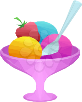 Sweet Dessert, Low Poly Ice Cream and Fruit in Vase with Spoon, Isolated on White Background. Vector