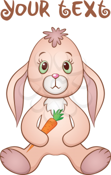 Cartoon Funny Rabbit, Cute Little Bunny Siting and Holding Carrot in Paws, Going to Have Dinner, Isolated on White Background. Vector